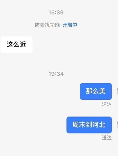 这是一张竖屏的聊天记录截图，界面顶部显示时间15:39，防骚扰功能处于开启中，此时对方发送消息“这么近”；在19:34，我方先后回复“那么美”和“周末到河北”，两条消息均显示送达状态。对话内容是对河北文旅官方宣传口号“这么近，那么美，周末到河北”的拆分式趣味接龙，将完整的宣传语拆分成对话内容，充满生活化的趣味感。