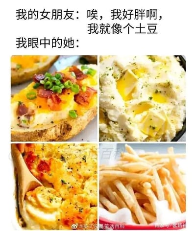 这是一张图文结合的搞笑内容图，上方文字部分呈现了情侣间的互动：女友自嘲“唉，我好胖啊，我就像个土豆”，表达对自身身材的调侃；下方通过四张美食图片展示了男友眼中的女友，分别是培根烤土豆、黄油土豆泥、芝士焗土豆、炸薯条，均是以土豆为原料制作的美味料理。内容利用视角反差制造幽默效果，同时传递出男友对女友的喜爱，将女友比作可口的土豆料理，是充满甜蜜氛围的情侣向搞笑内容，能引发情侣群体的共鸣。