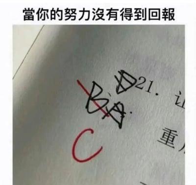 图片上方有黑色文字“當你的努力沒有得到回報”，下方是一张考试卷的局部照片。试卷上有手写的答案被红色斜线划掉，旁边用红色笔标注了字母“C”，整体通过考试评分场景幽默地表达了努力未获预期回报时的无奈情绪。