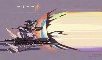 这是一张东方Project的二次创作同人图，主角雾雨魔理沙颠覆了原作中魔法使的形象，手持两把印有“MARISA”字样的重型枪械，脚下还踩着一把同款巨型枪械，枪械表面带有闪电特效，呈现出过载开火的状态。她正全力发射出一道带有彩虹色边缘的巨型能量弹，画面充满冲击力。画面上方标注了格斗游戏经典的大招输入指令“→ ↓ ← →”，还有一个模仿升龙拳的手势图标，将魔理沙的魔法攻击替换为硬核火力输出，制造出强烈的反差感和玩梗趣味，把ACG角色和格斗游戏元素巧妙结合。