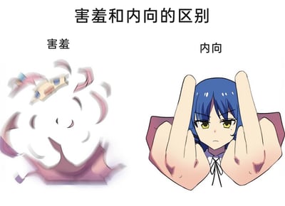 这是一张以动漫角色为主体的左右对比梗图，旨在幽默地区分“害羞”和“内向”两种性格状态。图中顶部标注标题“害羞和内向的区别”，左侧对应“害羞”，是动漫《孤独摇滚！》中的角色山田凉快速晃动身体、整个人呈现模糊状态的样子，生动表现出害羞时人会局促不安、下意识躲避他人关注的状态；右侧对应“内向”，是山田凉面无表情，双手做出类似竖中指的遮挡姿势，将自己与外界隔开，表现出内向者更倾向于独处、不想被外界打扰的心态，用夸张且贴合角色性格的方式，将抽象的性格差异具象化，风格诙谐有趣，容易引发网友共鸣。