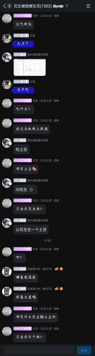 这是一张名为“花生梗图梗生花(1502)”的网络聊天群截图，时间显示为21:03，群友们围绕深夜吃饭的话题展开了轻松搞笑的闲聊互动。LV43 GTR老登表示自己还在地铁上没吃晚饭，LV41夜千影提醒已经九点了该吃饭，随后LV14破命和GTR老登玩起“花生”“土豆”的趣味梗，破命让GTR老登找花生要土豆，甚至调侃“让花生生一个土豆”，之后LV13破命混淆花生和土豆的称呼，GTR老登最后疑惑吐槽，整个对话充满群友间随性玩梗的欢乐氛围。