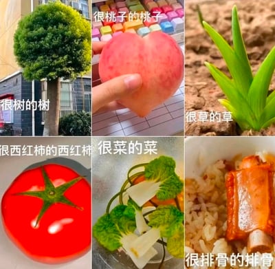 这是一张由六张实拍图拼接而成的搞笑梗图，每张图都搭配「很X的X」的句式文案：
1. 树冠规整的树木配文「很树的树」，完美贴合树木的标准形态；
2. 心形的桃子配文「很桃子的桃子」，呼应桃子常被赋予的浪漫心形联想；
3. 鲜嫩发芽的青草配文「很草的草」，展现草最具代表性的初生状态；
4. 外形标准圆润的西红柿配文「很西红柿的西红柿」，用极致规整的形态强化事物特征；
5. 用小白菜摆成「菜」字的图案配文「很菜的菜」，一语双关，既指用菜拼成文字，也暗指「差劲、菜」的网络用语含义；
6. 盖在米饭上的排骨配文「很排骨的排骨」，呈现排骨最经典的食用形态。
整体用直白又精准的形容制造反差感，用事物最具标志性的特征玩梗，充满脑洞与趣味。