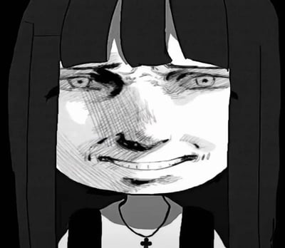 这是中文互联网爆火梗「我也要死吗」的原型角色14酱的原创插画，画面为黑白风格的卡通形象：留着齐刘海长发的少女，脸上带着扭曲诡异的笑容，眼神空洞无神，整体画风丧系，完美传递出面对离谱要求时无力又崩溃的情绪。
该梗包含谐音梗：「要死」谐音「幺四」（即数字14），这也是角色名字的由来。