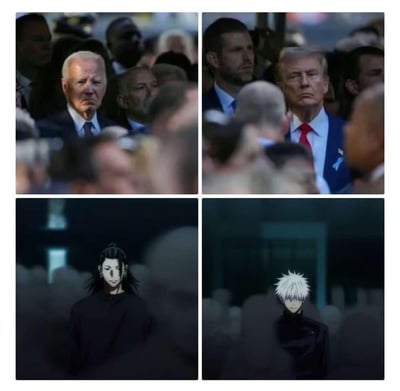 这是一张2x2的四格拼图，上半部分是美国政治人物乔·拜登和唐纳德·特朗普的照片，两人都穿着西装，表情严肃，站在人群中。下半部分是两个动漫角色，分别有着黑色长发和白色短发，都穿着深色服装，表情冷峻，背景较暗。图片通过并排放置形成对比，可能意在调侃政治人物与动漫角色在表情或气场方面的相似之处。