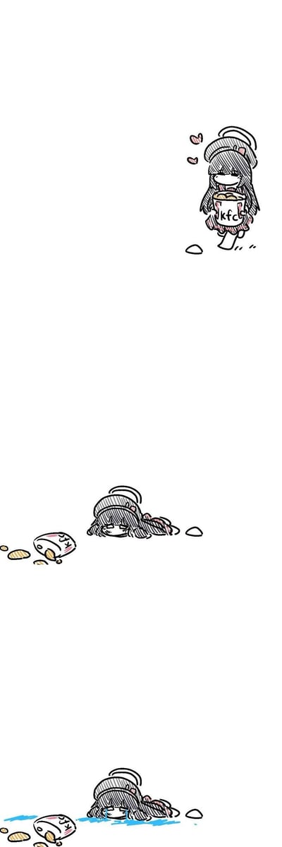这是一组三格的涂鸦风格连环漫画，描绘了游戏《蔚蓝档案》中的角色霞泽美游的倒霉经历：第一格中她开心地抱着印有“Kfc”字样的餐桶奔跑，脸上带着笑意，还有爱心飘出，看起来十分满足；第二格她不慎摔倒在地，KFC餐桶翻倒在旁，里面的食物洒了出来，她趴在地上，一脸生无可恋；第三格中她趴在原地，因为美食洒了而崩溃大哭，蓝色的泪水流了一地，画面充满反差感，既好笑又让人觉得心疼。