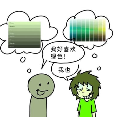 这是一张手绘风格的静态卡通梗图，画面中有两个卡通角色：左侧是通体灰色的简笔小人，他面带愉悦的微笑，开口说道“我好喜欢绿色！”，上方的想法气泡里展示的是一系列偏灰调的低饱和度绿色色卡；右侧是有着深绿色头发、身穿亮绿色上衣的卡通人，他眼神涣散、表情勉强，嘴角僵硬地咧开，回应道“我也”，他的想法气泡里则是包含蓝绿、黄绿、深绿等多种色调的丰富绿色系色卡。两人嘴上都表达了对绿色的喜爱，但内心偏好的绿色风格差异巨大，形成了强烈的反差感，用幽默的方式调侃了“表面同好实则审美完全不同”的趣味场景。