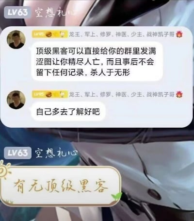 这是一张竖屏的QQ群聊天记录截图，画面展示了两位群成员的趣味互动：群成员“空想礼心”在群内询问“有无顶级黑客”，另一位带有“龙王、军上、修罗、神医、少主、战神凯子哥”多个夸张头衔的群成员，发表了极其离谱的言论，称顶级黑客能在群里发满涩图让人“精尽人亡”且不会留下任何记录，还让对方多去了解。前者的提问和后者脱离现实的夸张回答形成了滑稽反差，是网络群聊中典型的搞笑互动内容，调侃了对专业领域一知半解却发表不实言论的行为。