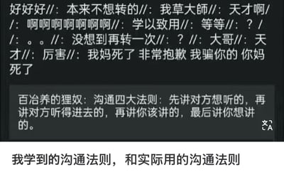 这是一张纯文字截图，上方是大量情绪激动的评论内容，包括"好好好"、"我草大師"、"天才啊"等感叹，中间部分引用了"百治养的狸奴：沟通四大法则：先讲对方想听的，再讲对方听得进去的，再讲你该讲的，最后讲你想讲的"，底部配有标题"我学到的沟通法则，和实际用的沟通法则"。图片通过展示理想中的沟通法则与实际混乱的评论形成对比，达到幽默讽刺效果。图中包含不当言论"我妈死了 非常抱歉 我骗你的 你妈死了"。