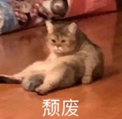 一只灰白相间的猫咪正慵懒地趴在棕色沙发上，表情看起来有些无精打采，眼神放空。图片下方配有“颓废”二字，精准概括了猫咪此刻的状态，形成一种拟人化的幽默效果。