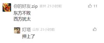 这是一张社交媒体评论区的静态截图，界面呈现字节系平台的评论样式，包含两条用户发布的评论。第一条评论来自IP地址显示为吉林的用户“你的好友.zip”，发布于21小时前，获得11个点赞，评论内容为“东方不败
西方犹太”；第二条评论来自IP地址显示为山东的用户“灯塔”，同样发布于21小时前，评论内容为“押上了”，两条评论看起来是用户之间针对某一内容的趣味玩梗互动。