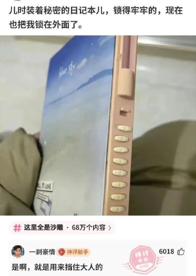 整张图是社交媒体内容截图，上方配文吐槽自己小时候用来藏秘密、上了密码锁的日记本，现在自己忘记密码，反而被锁在外面无法打开。中间的实拍图里是一只手拿着这本旧的密码按键锁日记本，封面印有蓝天海滩的清新图案，侧边是一排米白色的密码按键。下方显示该内容属于“这里全是沙雕”话题，还有用户“一刹豪情”发布的高赞神评论，内容为“是啊，就是用来挡住大人的”，该评论获得6018个点赞，旁侧还有“神评”标识。