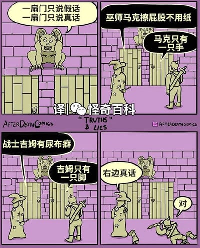 该作品是四格搞笑漫画，对经典的“两扇门一扇说真话一扇说假话”逻辑解谜梗进行了颠覆性改编。第一格蹲在门上方的石像鬼公布常规谜题规则：两扇门分别只会说真话和假话；第二格左门开口爆料“巫师马克擦屁股不用纸”，右门补充“马克只有一只手”；第三格左门继续爆料“战士吉姆有尿布癖”，右门补充“吉姆只有一只脚”；第四格石像鬼告知“右边真话”，巫师表示认同，听到对话的战士吉姆当场崩溃倒地，掉落的鞋子暴露他确实只有一只脚，也侧面坐实了左门所说的他有尿布癖的隐私是真话，没有按照常规逻辑题的解法走，反而靠泄露隐私完成答案，形成强烈反差笑点。