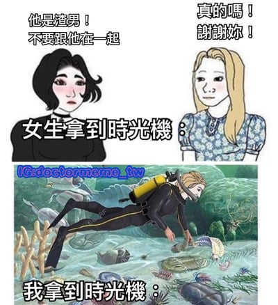 这是一张三格对比梗图，通过幽默方式展现不同人拿到时光机的反应差异。上左格黑发女生表情担忧地说"他是渣男！不要跟他在一起"，上右格金发女生惊喜回应"真的嗎！謝謝妳！"，下格则是一位潜水员在海底探索的画面，配文"我拿到時光機："，形成女生用时光机干预感情问题与自己用时光机探索海洋的有趣对比。