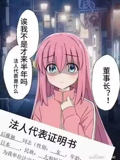 图中是一位有着粉色长发、蓝色眼睛的动漫少女，身穿粉色外套，表情略带困惑地用手指着下巴。她的左侧对话框写着“诶我不是才来半年吗 法人代表是什么”，右侧对话框则是“董事长？！”。画面下方有一张“法人代表证明书”，上面写有“后藤独同志（性别：女），年龄：日本，民族：大和民族，为我单位法定代表人”等字样，整体营造出一种职场新人意外被委以重任的搞笑反差感。