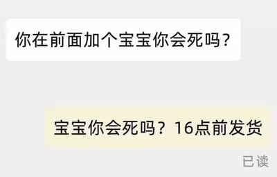 这是一段充满笑点的聊天记录截图，对话中一方撒娇式要求对方在说话前加上称呼“宝宝”，发送消息“你在前面加个宝宝你会死吗？”，而另一方却完全字面解读了这句话，直接将“宝宝”作为前缀加在原句前，回复出“宝宝你会死吗？16点前发货”的内容，完全忽略了对方的真实需求，制造出荒诞又搞笑的直男式回复效果。