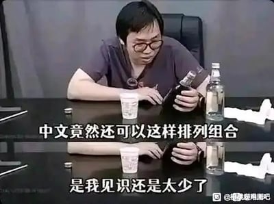 这是一张上下拼接的对比视频截图，图中是脱口秀演员张博洋坐在桌前，桌上摆放着酒瓶、纸杯和纸巾。上图里他手持酒瓶，配文“中文竟然还可以这样排列组合”；下图中他拿着手机，配文“是我见识还是太少了”。男子的神态和配文结合，传递出在见识到中文的新奇精妙用法后，恍然大悟又略带自嘲的无奈情绪，常用来表达对中文博大精深的感慨，或是调侃自己知识面的不足。