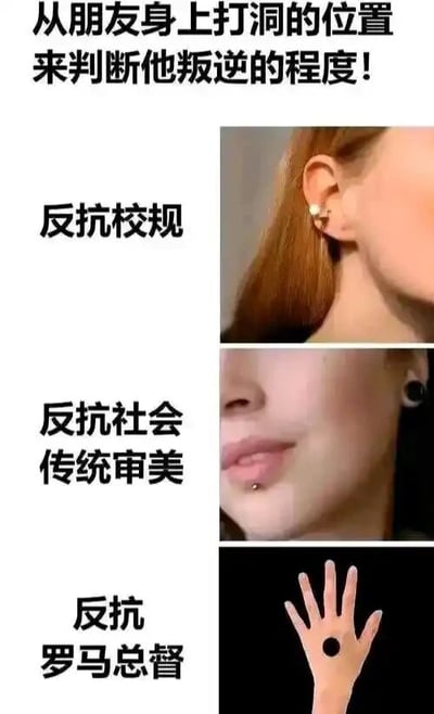 这是一张多图拼接的图文混排趣味梗图，整体以“从朋友身上打洞的位置来判断他叛逆的程度”为核心主题，通过递进式的内容制造搞笑效果：第一部分展示了人物耳朵上的耳洞，配文“反抗校规”，对应很多学校校规禁止学生打耳洞，这类行为属于对校园规则的小叛逆；第二部分展示了人物下巴处的唇钉，配文“反抗社会传统审美”，这类小众身体穿刺不符合大众传统审美，属于对主流审美的叛逆；第三部分展示了手掌上有一个洞，配文“反抗罗马总督”，这个内容玩了宗教相关的典故梗，对应耶稣被钉十字架时手掌被钉穿，而这是罗马总督下令执行的，用夸张的方式将“打洞”的叛逆程度升级到对权威的反抗，形成荒诞的笑点。