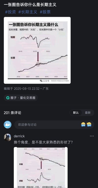 这是一张微信社交媒体截图，内容围绕“长期主义”展开。主图部分是一张对比图表，上方标注“短期”的折线图呈现波动下降趋势，中间有一个明显的“大坑”（用红色箭头标注），下方标注“长期”的折线图则整体呈持续上升趋势，将短期的“大坑”圈出并标注为“小坑”，配文“拉来长看，短期中的‘大坑’，在长期中只是一个‘小坑’”。截图下方显示该内容编辑于2025-08-13 22:32，地点广东，发布在“圈子·量化交易圈”，并有201条评论。评论区中用户“derrick”发布了一张改编图表，将原图翻转使长期趋势变为下降，调侃“换个角度，是不是大家熟悉的形状了？”，形成幽默对比。