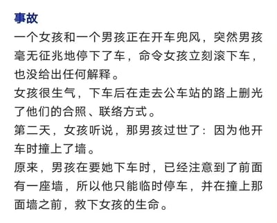 这是一篇纯文字的短篇情感故事，讲述了一对男女开车兜风时，男孩突然毫无理由地命令女孩下车，女孩因愤怒删除了两人的所有关联信息。第二天女孩得知男孩因开车撞墙离世，才知晓真相：男孩当时已经发现前方的墙，用看似恶劣的方式救下了女孩的性命。故事充满反转，在悲伤中带着暖心的牺牲感，没有双关或谐音梗，传递出一种遗憾又动人的情感。