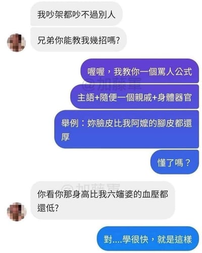 这是一段充满趣味的聊天记录截图，对话中一方因自认吵架吵不过别人，向另一方请教吵架技巧。对方随即传授了一个“骂人公式”：主语+随便一个亲戚+身体器官，还给出了“你脸皮比我阿嬷的脚皮都还厚”的示例。请教的人立刻举一反三，造出了“你看你那身高比我六婶婆的血压都还低？”的句子，将身高和亲戚的血压做无厘头类比，完美贴合公式逻辑，得到了传授者的认可。整个对话通过夸张且不相关的特征结合，制造出强烈的反差感，充满了无厘头的搞笑氛围。