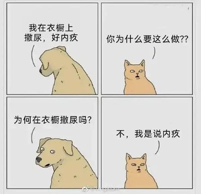 这是一幅四格连环卡通漫画，描绘了狗和猫之间一段充满错位笑点的对话：第一格中，一只狗低着头，露出愧疚的神态，配文表示自己在衣橱上撒尿，感到很内疚；第二格中，一只猫露出疑惑的表情，询问狗为什么要这么做；第三格中，狗转头露出惊讶疑惑的表情，重复猫的问题，以为猫在询问自己撒尿的原因；第四格中，猫翻着白眼，嫌弃地表示自己说的是对这件事感到内疚。漫画通过两者对话的错位理解，制造出荒诞搞笑的效果，猫的反应打破了常规的对话逻辑，形成了幽默的反差。