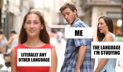 图片展示了一个街头场景，前景有一位面带微笑的女性，身上标注“LITERALLY ANY OTHER LANGUAGE”（任何其他语言）；中间的男性标注“ME”（我），正回头看向身后的另一位女性；背景女性则标注“THE LANGUAGE I'M STUDYING”（我正在学的语言）。图片通过人物关系幽默地调侃了学习外语时，学习者往往只专注于正在学习的语言，而对其他语言“视而不见”的状态。