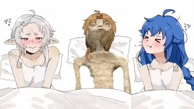 这是一张恶搞《无职转生~到了异世界就拿出真本事~》的合成梗图，画面中三人同处一张床上，盖着被子。左侧的希露菲叶特脸颊泛红，神情局促紧张；右侧的洛琪希同样脸红，俏皮吐舌，两人都露出羞涩的神态；中间原本是鲁迪乌斯的位置被替换成了一个极度干瘦、面容憔悴的类人形象，用夸张的身体状态调侃鲁迪乌斯在原作中与两位女主的感情线，暗示其精力被彻底透支，充满搞笑戏谑的氛围。