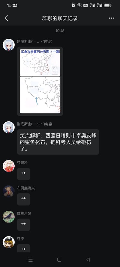 这是一张群聊聊天记录的截图，展示了一个关于西藏鲨鱼化石的搞笑梗。用户"刚底斯山(๑•̀ㅂ•́)و✧电容"分享了两张标有"鲨鱼攻击案例分布图 (中国)"的地图，并附上笑点解析：西藏日喀则市卓奥友峰的鲨鱼化石砸伤了科考人员。其他群成员用"++"表达了对这个冷笑话的反应。