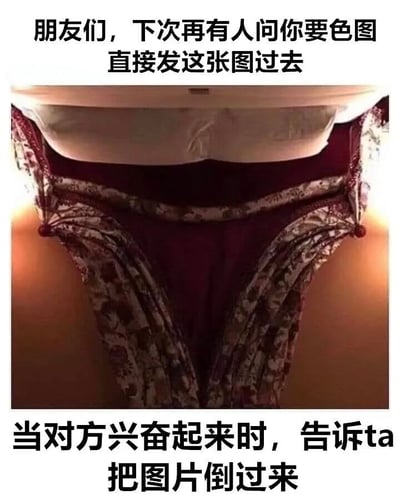 这是一张利用视觉错觉制作的搞笑梗图。图片上方配有文字"朋友们，下次再有人问你要色图直接发这张图过去"，中间是一张看似女性蕾丝内衣的特写照片，下方文字提示"当对方兴奋起来时，告诉ta把图片倒过来"。

该图片利用了倒置视角的视觉欺骗效果，正看时像内衣，倒过来看则会发现实际是其他物品（可能是家具或建筑装饰的局部特写），从而达到恶作剧和搞笑的目的。