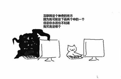 这是一张黑白卡通风格的图文混排静态图，图上方配有文字：“互联网是个神奇的地方，因为我可能是下面两个中的一个，但是你永远也不知道我究竟是哪个”。画面左侧是一个长有多只眼睛和触手的怪异黑色生物，正趴在键盘前操作电脑；右侧是一只神态悠闲、表情平静的白色小猫，同样坐在键盘前操作电脑。图中用两个形象反差极大的角色，生动调侃了互联网的虚拟性——在网络交流中，对方的真实形象和对外展现的形象可能存在巨大差异，他人无法通过网络准确知晓对方的真实模样。