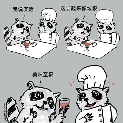这是一幅三格连环卡通漫画，主角是两只拟人化的浣熊。第一格中，坐在餐桌前的食客浣熊对着身着厨师服的厨师浣熊说“我说实话”，厨师浣熊一脸期待地注视着它；第二格中，食客浣熊接着评价“这尝起来像垃圾”，厨师浣熊的表情瞬间变得失落低落；第三格中，食客浣熊话锋一转，说出“美味至极”，同时举起手中的酒杯，厨师浣熊瞬间变得十分激动，脸颊泛红，厨师帽旁出现震动特效，神态愉悦又兴奋。漫画通过先抑后扬的反转对话，制造出强烈的幽默反差，传递出轻松搞笑的氛围。