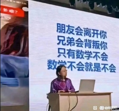 这是一张横版的静态真人实拍图，画面呈现了一个演讲现场：一位戴着眼镜、身穿紫色上衣的女士站在讲台后，面前摆放着笔记本电脑，神情专注地进行演讲；她身后的大屏幕上用醒目的蓝色字体展示了一段扎心的搞笑段子：“朋友会离开你，兄弟会背叛你，只有数学不会，数学不会就是不会”。这段段子用反差感的幽默，先营造出数学“可靠”的错觉，再转折吐槽数学的难学，精准戳中了许多被数学学习困扰的人的心声，充满了自嘲和搞笑的氛围。