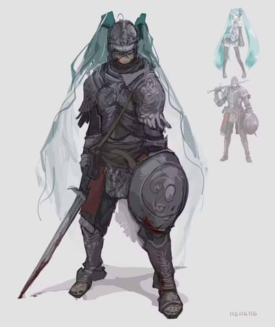 这是一幅将VOCALOID人气角色初音未来与《黑暗之魂》系列灰烬骑士形象融合的同人插画。画面主体是身着厚重战损铠甲的融合角色，手持带血长剑与盾牌，脸上带有血迹，眼神坚毅却难掩疲惫，同时保留了初音标志性的双马尾长发与发饰。右上角的小图分别展示了原始的初音未来立绘和《黑暗之魂》骑士形象，明确呈现了创作的融合来源。整体画风偏向暗黑写实，将二次元偶像的柔美与魂系作品的硬核战斗风格结合，形成强烈的视觉反差，展现出经历惨烈战斗后的战士形象。