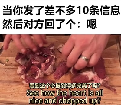 这张梗图上方是文字“当你发了差不多10条信息然后对方回了个：嗯”，下方是一张正在剁肉的图片，图片上叠加文字“看到这个心被剁得多完美了吗? See how the heart is all nice and chopped up?”。通过将剁肉的场景与收到敷衍回复的感受相结合，用夸张的方式表达了发送多条信息却只收到简短回复时的失望和心碎情绪。