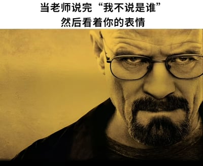 图片上方有文字'当老师说完"我不说是谁"然后看着你的表情'，下方是《绝命毒师》中沃尔特·怀特戴着眼镜、表情严肃锐利地盯着前方的特写镜头。通过将老师的经典话语与角色极具穿透力的眼神结合，幽默地表现了学生被老师暗示批评时的紧张感受。