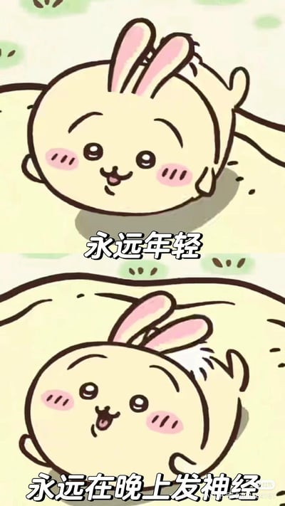 图片展示了两只可爱的卡通兔子，均以躺卧姿势呈现，背景为带有绿色斑点的浅色底。上方兔子脸颊有粉色腮红，表情呆萌，下方配有文字“永远年轻”；下方兔子姿态相似，表情更显俏皮，下方配有文字“永远在晚上发神经”。整体风格轻松活泼，通过可爱的动物形象与反差感的文字结合，幽默表达了年轻人夜晚情绪活跃的状态。