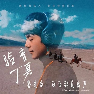 这是一张网易云音乐新年特别企划的宣传海报，采用双重曝光的创意合成手法，将丁真的侧脸形象与他故乡的高原骑马场景、蓝天白云画面相融合，丁真头戴耳机，营造出音乐与故乡情怀结合的氛围。海报上方标注“网易音乐人·新年特别企划”，核心文字“验音丁真”是趣味化的谐音创意，呼应丁真作为网易音乐人推出相关音乐内容的主题，下方的“鉴定为：反正都是出声”进一步强化了音乐发声的概念，整体画面清新有创意，既突出了丁真的个人特色，也明确了音乐企划的宣传方向。