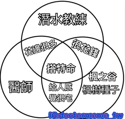 这是一张维恩图形式的梗图，通过三个重叠的圆圈展示了潜水教练、医师和枫之谷玩家三个群体的特征和交集。每个圆圈代表一个群体，重叠区域则显示他们的共同特点：潜水教练和医师的交集是“花边很多”，潜水教练和枫之谷玩家的交集是“很花钱”，医师和枫之谷玩家的交集是“给人感觉很宅”，而三个群体的共同交集则是“搭特命”。