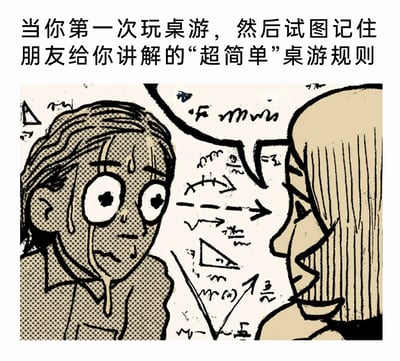 这是一张搞笑卡通梗图，顶部文字点明场景：当你第一次玩桌游，试图记住朋友口中“超简单”的桌游规则时，在听者的视角里，朋友的讲解被夸张地转化为一堆复杂难懂的高等数学公式与符号。画面左侧的听者满头大汗、双眼瞪大，脸上挂着汗珠和泪水，表情惊恐又崩溃，生动还原了很多新手第一次接触新桌游，听他人讲解看似简单实则繁琐的规则时，大脑宕机、手足无措的状态，用夸张的方式吐槽了不少桌游规则复杂、难以快速理解的特点，引发很多桌游爱好者的共鸣。