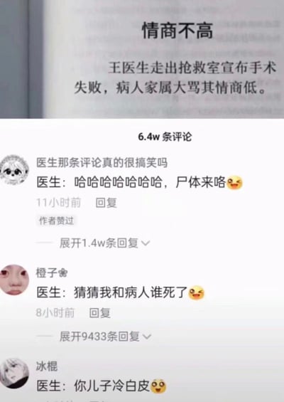 这张图是社交平台评论区截图，上方首先引入了话题情景：王医生走出抢救室宣布手术失败，被病人家属大骂情商低。下方展示了三条高赞网友评论，均以夸张反讽的方式模拟所谓“低情商”医生告知家属坏消息时的荒诞发言，分别为“哈哈哈哈哈哈哈，尸体来咯”、“猜猜我和病人谁死了”、“你儿子冷白皮”，每条发言都搭配了俏皮的表情，与严肃的医疗抢救失败场景形成强烈反差，以此调侃极端低情商的表现，充满荒诞幽默感，图中还标注了总评论数6.4w，以及每条评论的发布时间、回复量等平台常规信息。