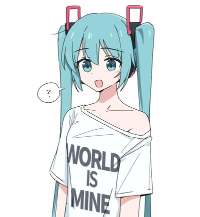 图中是虚拟歌手初音未来的同人插画形象，她有着标志性的蓝绿色双马尾，发间戴着红色方形发饰，蓝色眼眸睁大，嘴巴微张呈惊讶或疑惑状。上身穿着一件白色露肩T恤，衣服正面印有黑色大写英文字母“WORLD IS MINE”。角色左侧有一个白色的对话气泡，里面仅有一个问号“？”，整体画面背景为纯白色，构图简洁明快，突出角色的疑惑表情和服饰细节。