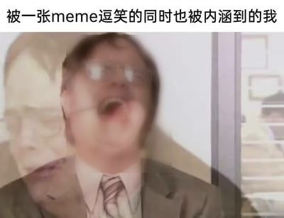 这是一张网络流行表情包，采用顶部配文加下方配图的形式，顶部配文为“被一张meme逗笑的同时也被内涵到的我”，配图是对美剧《办公室（美国版）》的角色德怀特·施鲁特的剧照进行重影处理后的画面，重影同时呈现出角色仰头大笑、以及面色平淡略带苦涩的两种状态，生动表现出网友看到戳中自身的梗图时，既觉得好笑又被内容内涵到、感同身受的复杂心情。