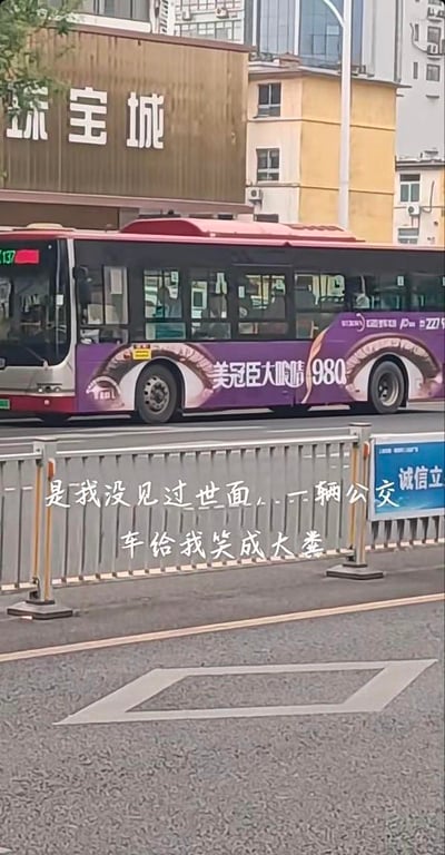 这是一张竖屏拍摄的城市街景照片，画面主体为137路公交车，其车身印有“美冠臣大眼袋 980”的广告，广告图案的位置恰好与公交车轮重合，视觉上形成了公交车长“腿毛”的滑稽错位效果。画面下方护栏处配有吐槽文字：“是我没见过世面，一辆公交车给我笑成大粪”，放大了广告设计带来的搞笑感。背景可见“珠宝城”商铺与居民楼，充满生活化的街头氛围。
笑点解析：广告图案与车轮的位置巧合制造出视觉错位，让公交车呈现出滑稽的“腿毛”视觉效果，这种意外的反差感引发拍摄者的趣味吐槽。