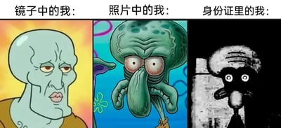 这是一张多图拼接的左右对比卡通梗图，通过三张《海绵宝宝》中章鱼哥的不同形象，调侃了人们在不同媒介下看到的自己形象的巨大差异。左侧对应“镜子中的我”，使用的是衍生创作的帅气版章鱼哥，神态慵懒，面容精致，呈现出人们照镜子时看到的相对满意的自己；中间对应“照片中的我”，使用的是动画原版中表情夸张扭曲的章鱼哥，双眼布满红血丝、鼻子扭曲，还原了照片里自己往往表情失控、不够美观的日常体验；右侧对应“身份证里的我”，使用的是网友魔改的模糊怪异版章鱼哥，形象诡异模糊，精准戳中身份证照片常拍得不尽人意、与本人差距大的大众共鸣点，整体用夸张的卡通形象放大了现实中的普遍小尴尬，引发观者的共情与趣味感。
