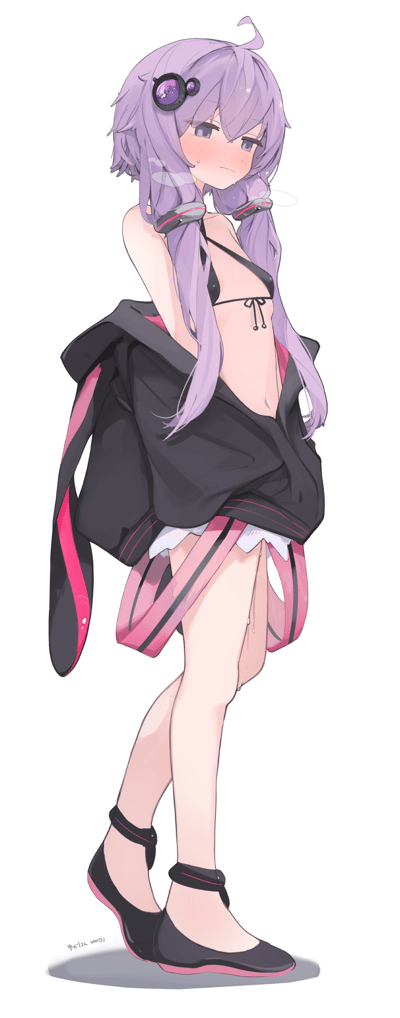这是VOCALOID虚拟歌姬结月缘的粉丝原创同人插画，图中的结月缘有着标志性的淡紫色双马尾，内穿黑色比基尼，外面套着自己的黑色带粉边的标志性外套，脸颊泛红，脸上挂着汗珠，身上还有未干的水珠和水汽，姿态局促，看起来非常害羞，似乎是刚从水里出来，因不好意思直接穿泳装而套上外套的模样。