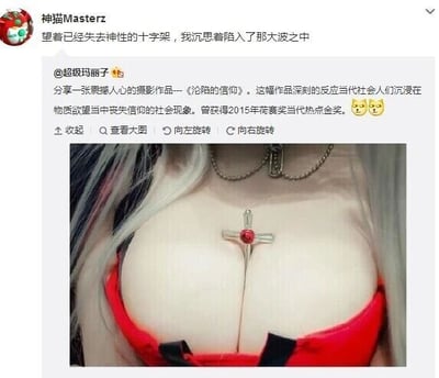 这是一张来自微博的社交媒体截图，属于图文混排内容。博主@超级玛丽子发布内容，称一张名为《沦陷的信仰》的摄影作品反映了当代人在物质欲望中丧失信仰的社会现象，还虚构该作品获得2015年荷赛奖当代热点金奖；配图为一位穿着红色内衣的女性，其胸口位置佩戴着一个十字架饰品。用户神猫Masterz在下方发布评论，使用“望着已经失去神性的十字架，我沉思着陷入了那大波之中”的文字玩双关梗，“大波”既在表面呼应“信仰沦陷”的语境，实则低俗暗示图中女性的胸部，以此调侃博主的严肃表述，消解了其原本的立意。