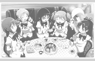 这是一幅黑白动漫风格插画，描绘了五位身着女仆装的少女围坐在铺着格子桌布的圆桌旁举行茶话会的场景。桌上摆放着蛋糕、茶杯、茶壶和各种点心，少女们表情各异，有的手持茶杯微笑，有的开怀大笑，有的扶着眼镜，整体氛围温馨欢乐。背景略显昏暗，突出前景的人物和茶话会场景。