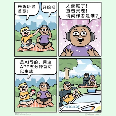 这是一则四格连环卡通漫画，剧情围绕AI创作的音乐展开：第一格中，金发男子兴奋地邀请坐在野餐垫上的深色皮肤男子听一首歌，对方欣然同意；第二格中，深色皮肤男子戴着耳机听完歌曲后，激动地大呼“太豪庭了（谐音‘太好听了’）！直击灵魂！”，并询问歌曲的作者；第三格中，金发男子得意地展示手机上的APP，告知对方这首歌是AI用这个APP仅花五分钟生成的；第四格剧情反转，深色皮肤男子报警，警察赶到现场将金发男子按到警车上带走，同时另一名警察在野餐垫旁安慰深色皮肤男子。漫画通过这种荒诞的反转，讽刺了AI快速创作消解了艺术作品的情感价值与独特性，让原本被打动的听众感受到巨大的落差与失望。