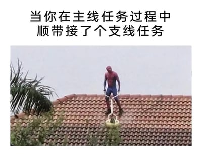 图片上方配有文字'当你在主线任务过程中顺带接了个支线任务'，下方是一张照片：一名蜘蛛侠装扮者站在瓦片屋顶上，手持割草机，似乎准备在屋顶割草。通过蜘蛛侠本应执行'主线任务'（如拯救世界）却在做'支线任务'（割草）的反差场景，幽默调侃玩家在游戏中常因支线任务分心主线的经历。